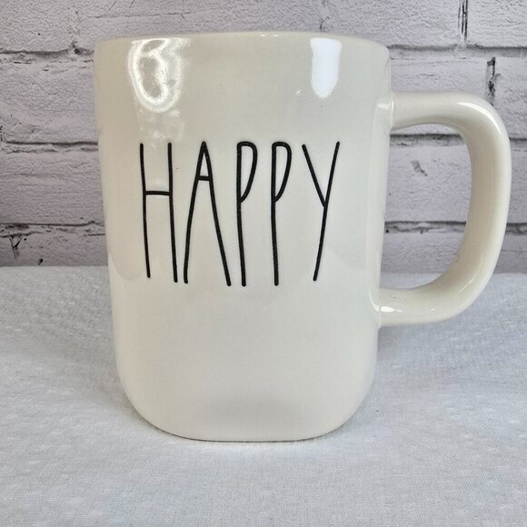 RAE DUNN ARTISAN COLLECTION MUG HAPPY WHITE WITH SUNNY YELLOW INSIDE EUC - Picture 1 of 4